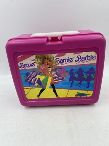 Vintage 1990 Plastic Pink Barbie Shopping Lunchbox with Thermos Faint Name Shows - $13.10