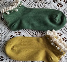 Two (2) Pair ~ Gold &amp; Green ~ Handcrafted ~ Embellished w/Pearls ~ Ankle Socks - £11.72 GBP