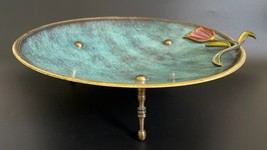 Vintage Large Art Deco 12¾&quot; Israel Brass Verdigris Enamel Footed Tray w/... - £105.54 GBP