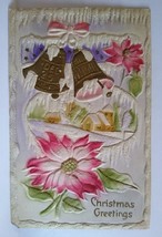 Christmas Greetings Postcard Embossed Bells Flowers Icicles Cottage December 25 - £8.73 GBP
