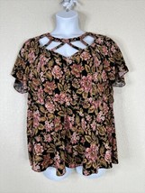 Torrid Women Plus Size 2 (2X) Blk/Pink Floral Strappy Collar Blouse Shor... - $21.60