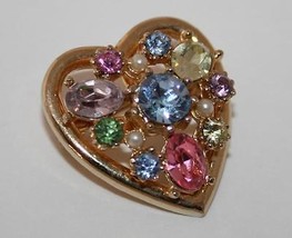 Coro Gold Toned Faux Pearl Multi-Colored Rhinestone Heart Pin Brooch  J56 - £22.43 GBP