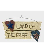 Patriotic Land Of The Free USA Heart Star Hanging Wood Sign 12&quot; x 6.5&quot; - £10.08 GBP
