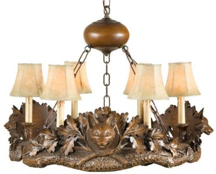 Primary image for Chandelier 3 Fox Heads Hand-Cast Made in USA OK Casting Linen Shades 6-Light