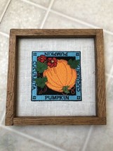 Machine Embroidered Pumpkin Picture On Linen With Wood Frame 6 X 6 - £19.76 GBP