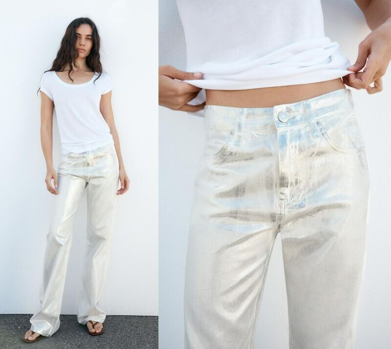 NWT ZARA MID WAIST LOOSE FOIL SILVER WIDE LEG JEANS  34-- 2 - $54.99