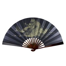 DRAGON FAN 13&quot; Large Black and Gold Folding Hand or Wall Fan Asian Feng ... - £9.24 GBP