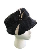 Vintage 1950&#39;S Veiled Bow Ribbon Textured Straw Black Hat One Size - £19.95 GBP