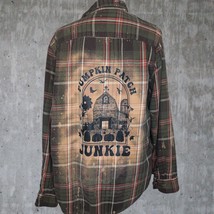 Fall Flannel Shirt Custom Pumpkin Patch Junkie, Upcycled Brown Plaid, La... - $34.99