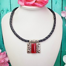 Red Lucite Silver Tone Pendant Black Faux Leather Cord Choker Necklace - £13.33 GBP
