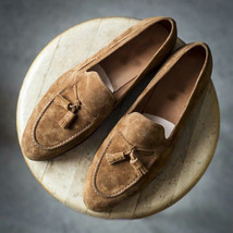 Best Decent Handmade Camel Brwon Suede Shoes, Best Tassels Loafer Shoes For Men - £127.49 GBP