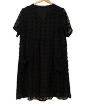 Miholl Dress Large Black Swiss Dots Lined Short Sleeve Midi Babydoll Par... - $17.82