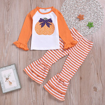 NEW Pumpkin Long Sleeve Shirt Ruffle Leggings Girls Halloween Outfit Set - £5.47 GBP+