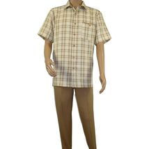 Men 2pc Walking Leisure Suit Short Sleeves By DREAMS Checker 282-03 Tan image 2