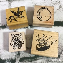 Wood Mounted Rubber Stamps Lot Of 4 Pegasus Owl Sledding Boy Christmas Bauble - £9.34 GBP