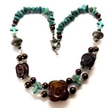 Vintage Turquoise &amp; Carved Stone Necklace Cross Flower Southwest Boho Artisan - £23.17 GBP