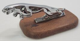*B2) Vintage Leaping Jaguar Cat OEM Metal Hood Ornament Wooden Base 7242... - $79.19
