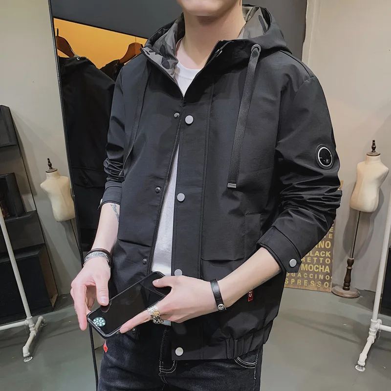 Hooded Jacket for Men   New Casual Coats Mens Streetwear Fashion Windbreaker Sli - £190.79 GBP