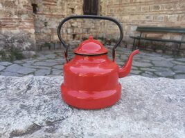 Large red metal teapot, vintage 1960's Yugoslavia teapot 3 Litres capacity - $90.00
