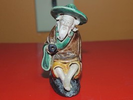 Chinese Mud Man Men 3&quot; Brown Green Yellow seated pipe China Mudman Antiq... - $40.49