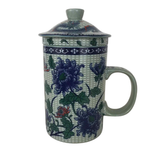 Blue Red Floral Chinese Porcelain Loose Leaf Brewing Tea Infuser Mug 3pc - £34.32 GBP