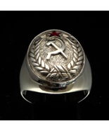 Sterling silver ring Hammer and Sickle in Laurel wreath with Red enamel ... - $90.00