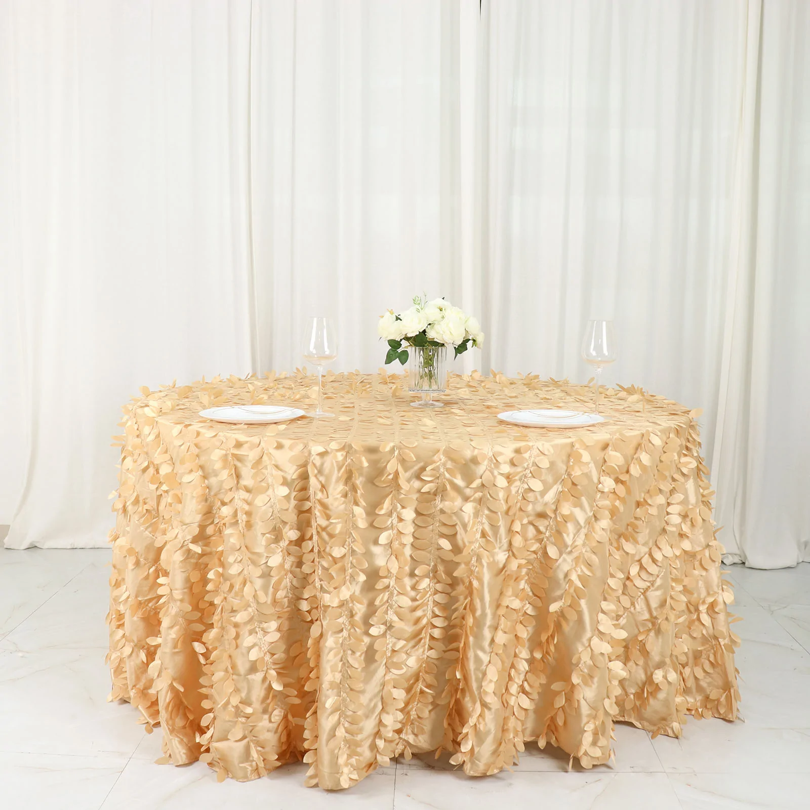 Champagne - 132&quot; Round - Leaf Petal Taffeta Tablecloth Wedding, Party, Event - £71.86 GBP