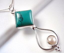 Turquoise and Cultured Pearl in Dripping Hoop Necklace 925 Sterling Silver New - £15.91 GBP