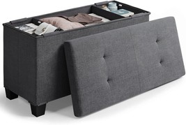 Grey Linen Fabric Storage Ottoman With Storage Bins, 30-Inch Storage Bench For - £43.13 GBP