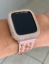 Apple Watch Bling Bezel Case &amp; pink rose gold leather Wristband 45 mm - $155.81