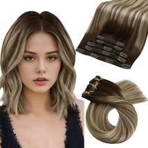 Real Hair Extensions Clip In Human Hair Balayage Dark Brown To Medium Brown With - $48.99