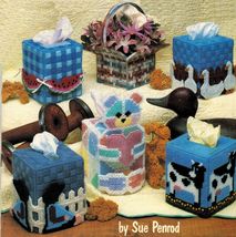 Plastic Canvas Country Amish Cat Geese Cow Teddy Tissue Box Covers Patterns - $11.99