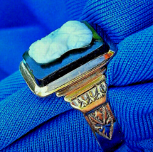 Antique Victorian 14k Rose Gold Ring Exotic Deco Intaglio Onyx Portrait Cameo - £646.46 GBP