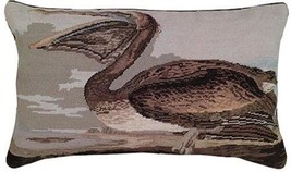Throw Pillow Needlepoint Pelican Bird 16x28 28x16 Brown Cotton Velvet Wool - £266.76 GBP