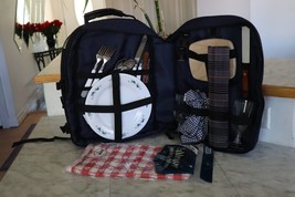 Picnic At Ascot Set For 2 People In Dark Blue Backpack With Cooler Bottom - $54.98