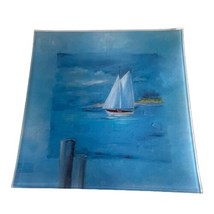 Paul Brent Thick Curved Glass Serving Platter 14” Reverse Painted Sailbo... - $65.44