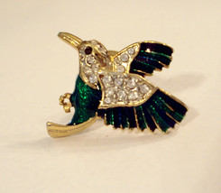 Rhinestone Hummingbird Scatter Pin Green Enamel Gold Plated Lapel Brooch ✿ VTG  - £15.52 GBP