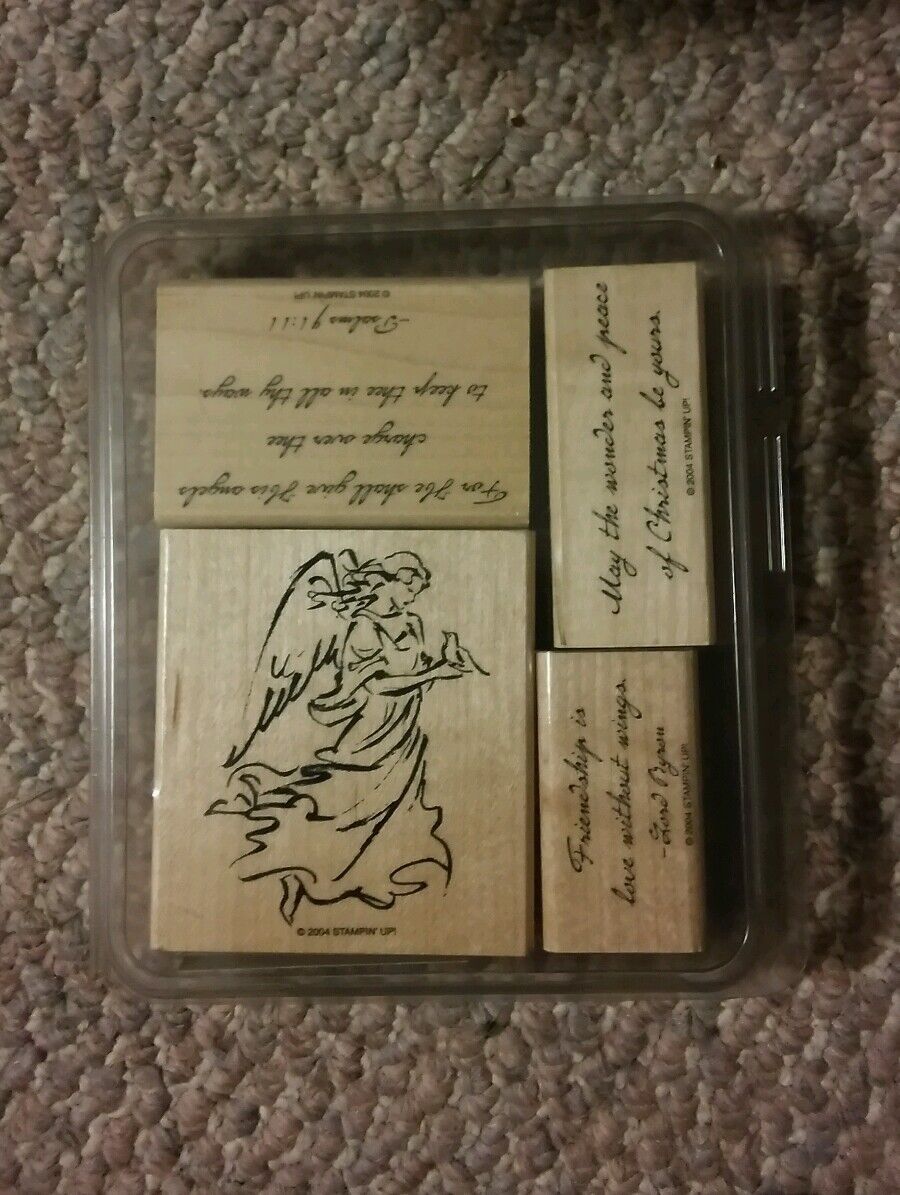 Vintage Stampin 2004 On Angel Wings 4 Stamp Set in Plastic Case - $19.99