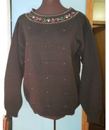 OHI Sz M Medium Black Pullover Sweater Vintage 80s Beaded Jeweled 100% A... - £17.97 GBP