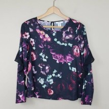 Bar III | Black Pink Floral Ruffle Sleeve Blouse Keyhole Back , size small - £12.40 GBP