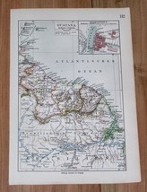1912 Original Antique Map Of Guyana Suriname French Guiana Georgetown Inset Map - £15.42 GBP