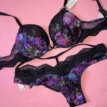 Victoria&#39;s Secret 32B Bombshell Bra Set Panty Purple Black Butterfly Shine Strap - $69.29