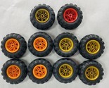Lot of 10 Lego Black Tires 56X26 Orange Gold &amp; Red Rims - $19.99