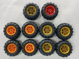 Lot of 10 Lego Black Tires 56X26 Orange Gold &amp; Red Rims - £16.05 GBP