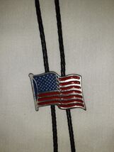 United States Flag Bolo Tie - Black, Braided, Leather Cord &amp; Silver Tone... - $15.00
