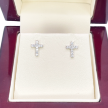 18ct White Gold Tiny Cross Children&#39;s Earrings 8mm Length - £132.82 GBP