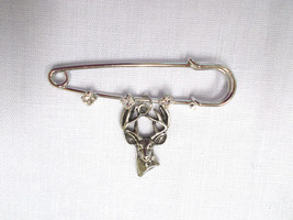 2&quot; Pin Brooch W 3 Crystals &amp; Usa Pewter Deer 10 Point Buck Trophy Head Charm - £4.78 GBP