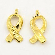 4 Cancer Awareness Ribbon Charms Shiny Gold Tone Hope Word Pendants - £1.59 GBP