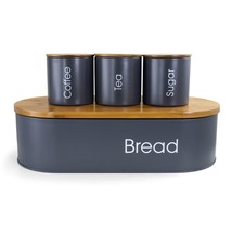 MegaChef Bamboo Kitchen Countertop 4 Piece Metal Bread Basket Canister Set Gray - £37.99 GBP