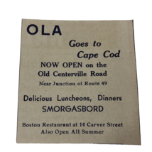 1936 Boston Restaurant Ola Old Centerville Road 14 Carver Street print ad - £6.83 GBP